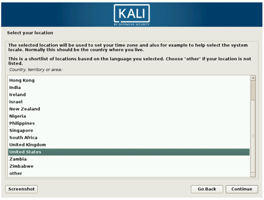 Выбираем страну на Kali Linux